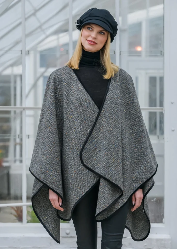 Premium Herringbone Tweed Wrap | 100% Wool Poncho 