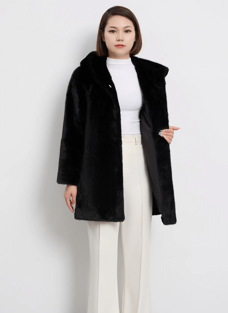 Women's Hooded Fur Short Coat Exclusive Design - Black