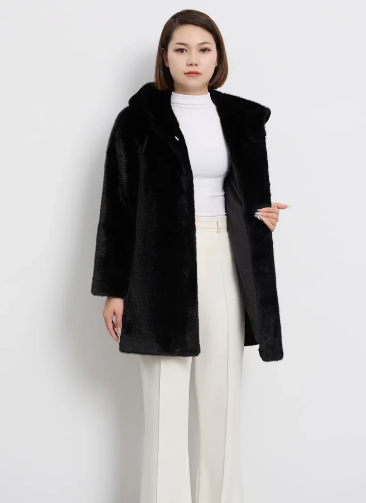 Women's Hooded Fur Short Coat Exclusive Design - Black