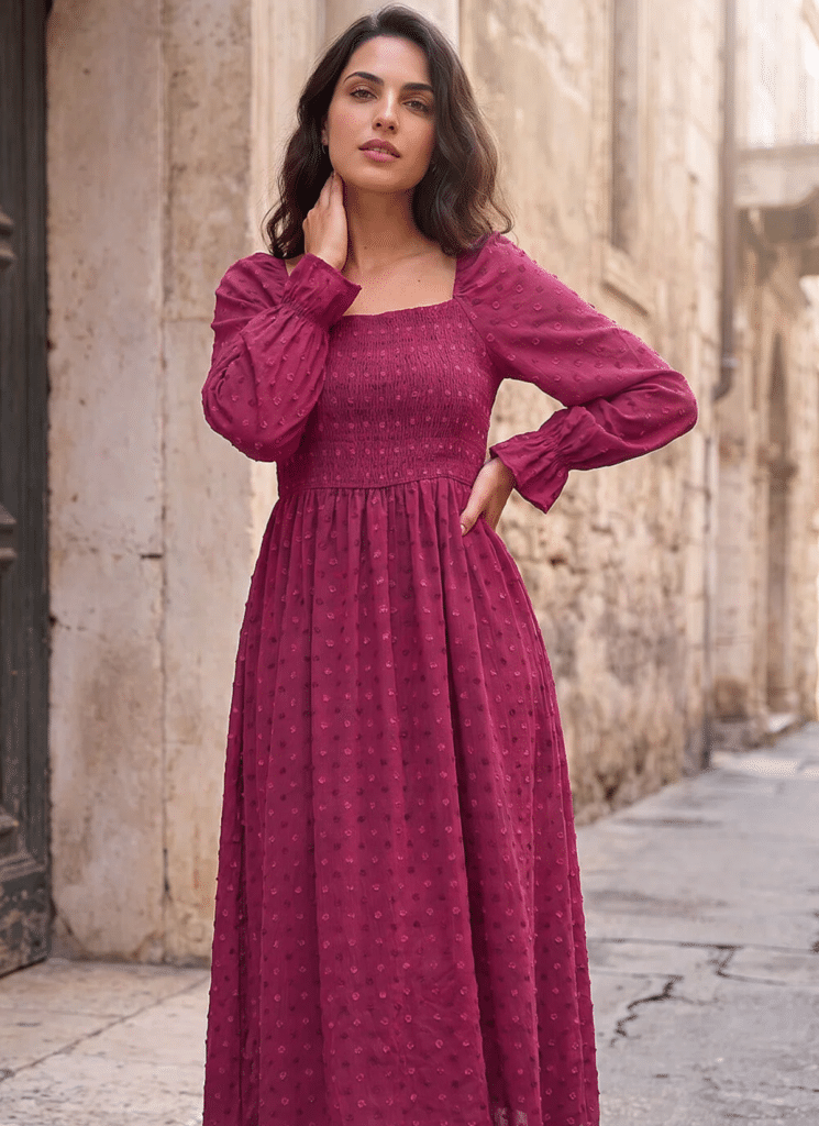Dusk Dobby Print Shirred Midi Dress