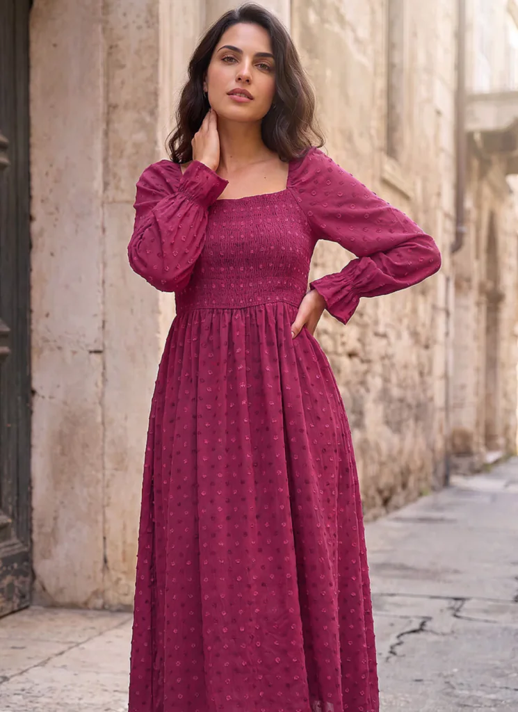 Dusk Dobby Print Shirred Midi Dress