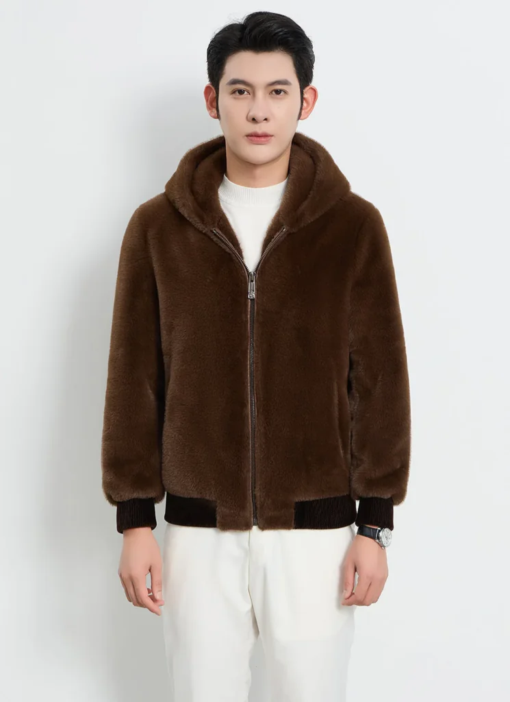 Men's Hooded Fur Jacket Exclusive Design - Brown