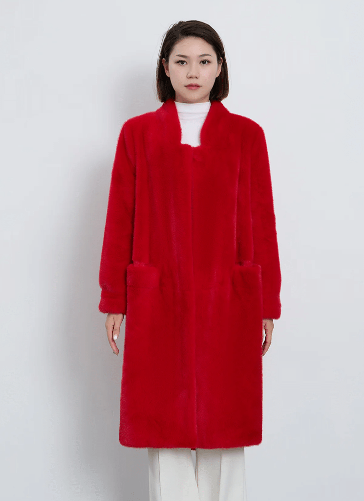 Women's Fur Long Coat Exclusive Design - Red 