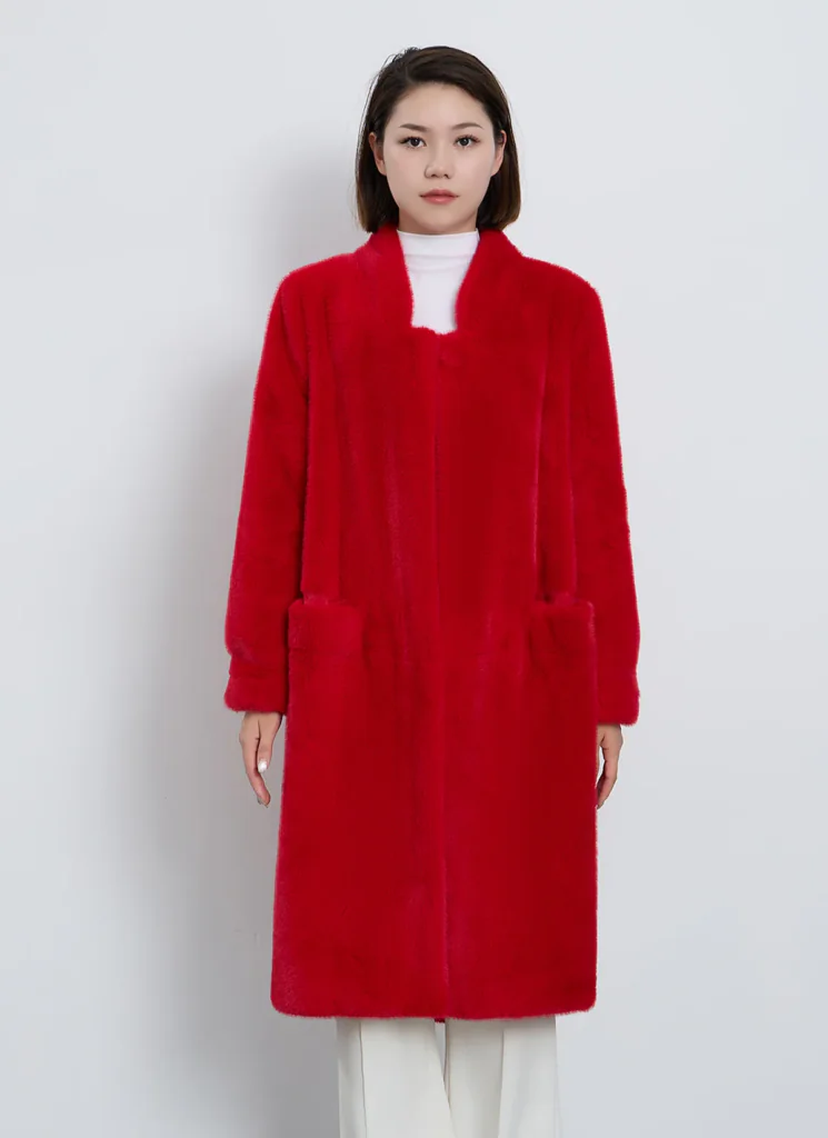 Women's Fur Long Coat Exclusive Design - Red