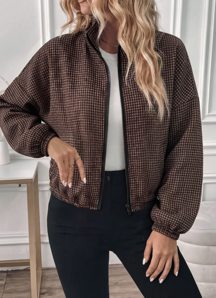 Easowa Women's Printed Plaid Zipper Elastic Long Sleeve Casual Hooded Sweatshirt Jacket, Suitable For Autumn/Winter