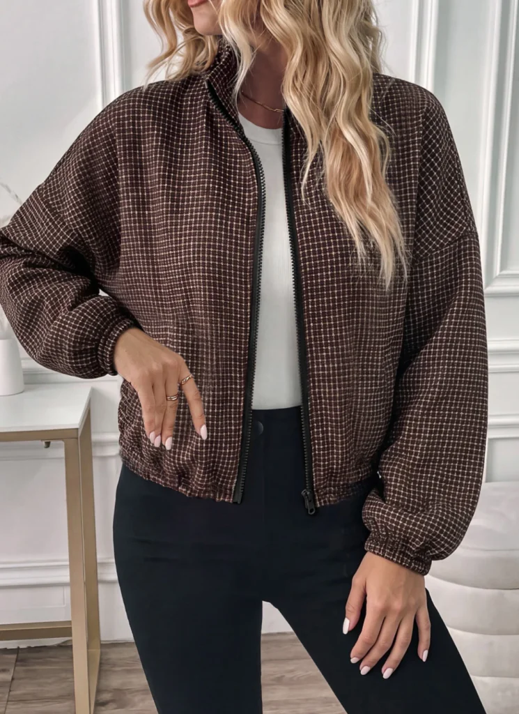 Easowa Women's Printed Plaid Zipper Elastic Long Sleeve Casual Hooded Sweatshirt Jacket, Suitable For Autumn/Winter