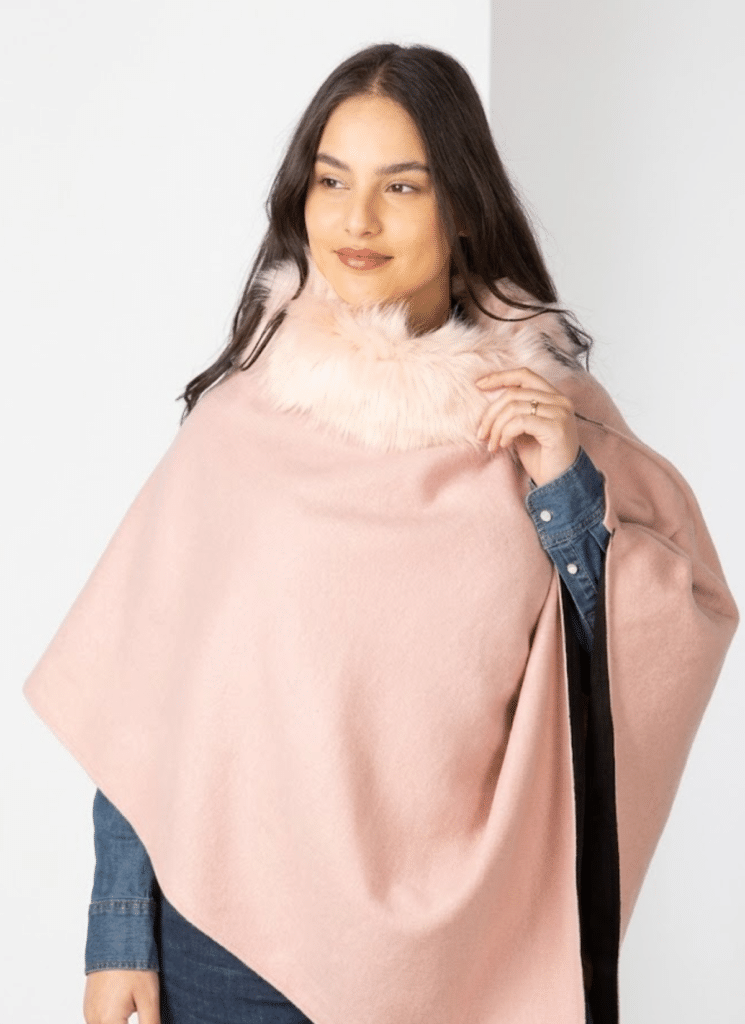 Ladies Wool Tweed Poncho With Faux Fur 
