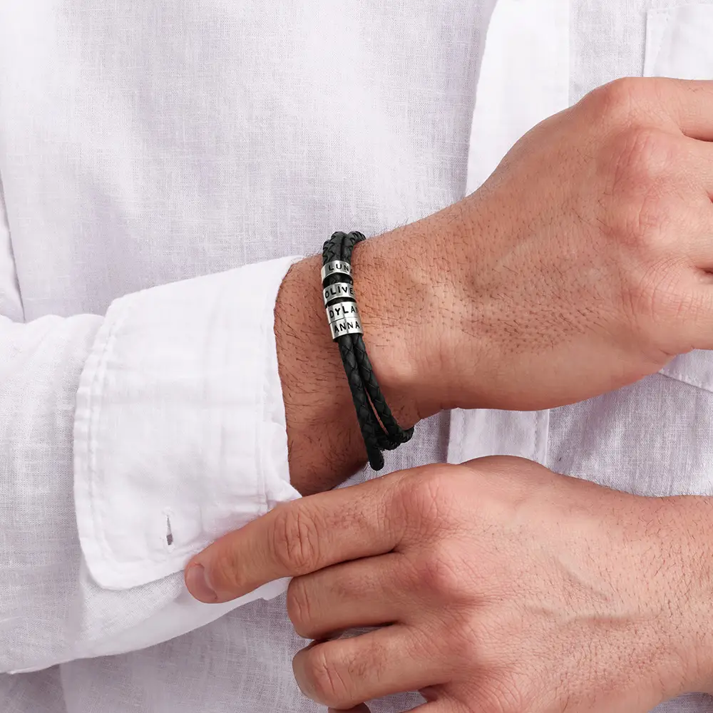 Navigator Brown Braided Leather Bracelet for Men with Custom Beads in Silver